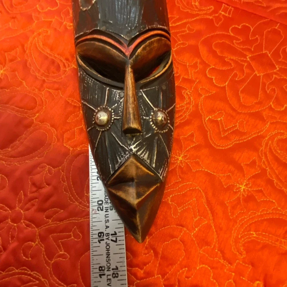 African‎ Tribal Style Wall Face Mask Hand Carved Wood Metal Clad Face Etching